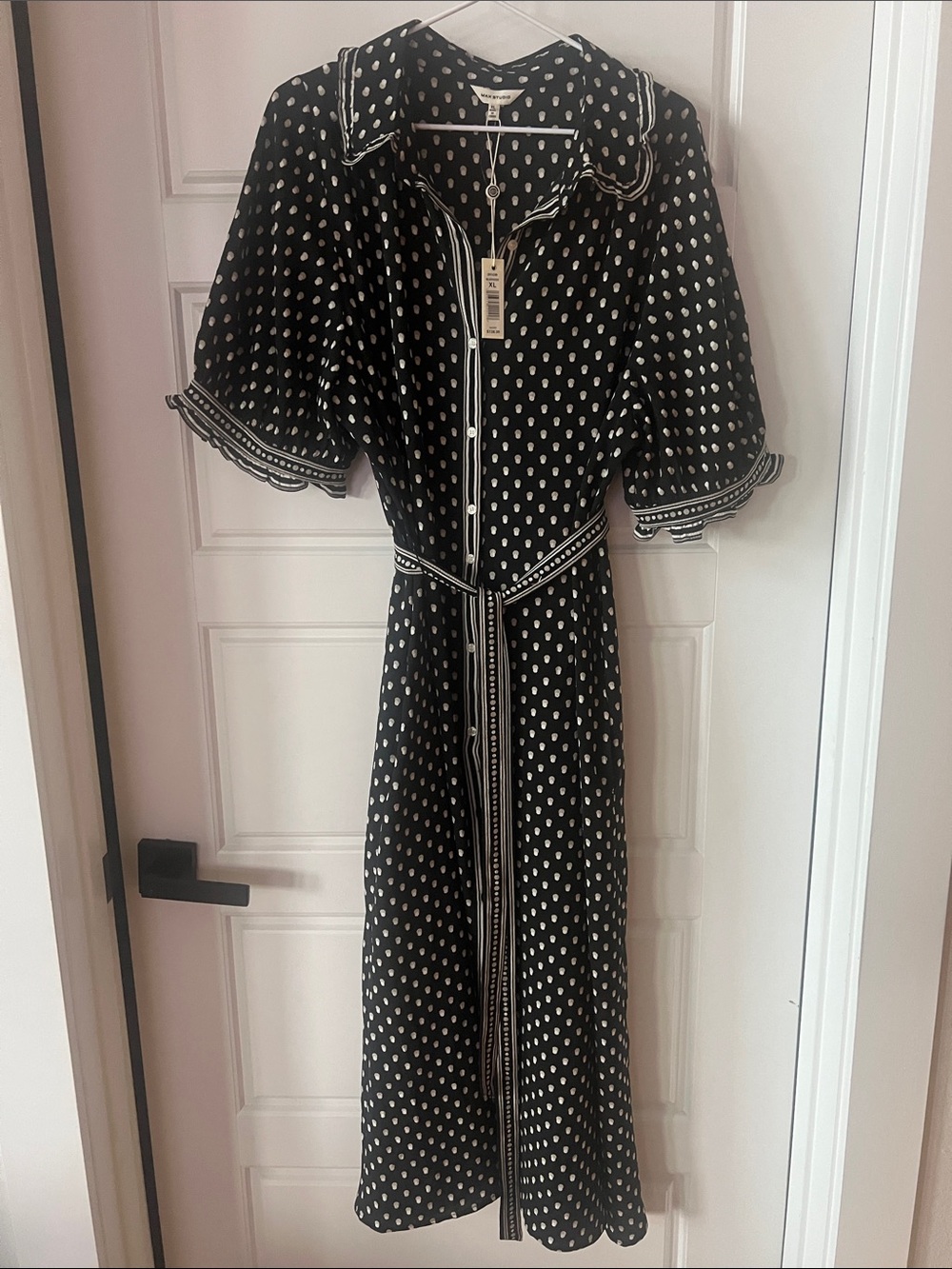 Max Studio Black and White Polka Dot Midi Dress with Tie Belt